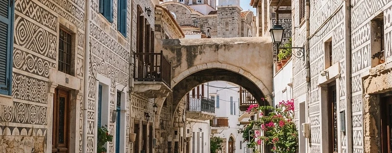 Tall stone houses in Pyrgi on Chios covered in black and white geometric patterns, with an arched passage over the lane.