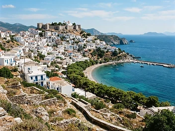 Flat-roofed white houses and a hilltop village on the dry coastline of Skyros in the Sporades.