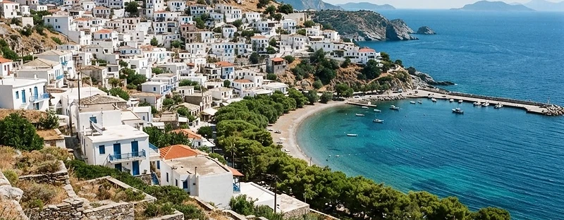 Flat-roofed white houses and a hilltop village on the dry coastline of Skyros in the Sporades.