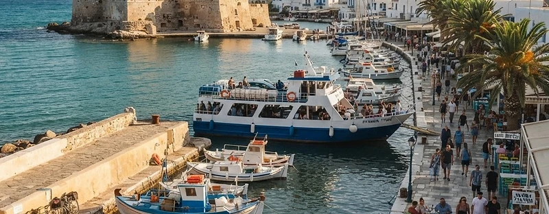 The waterfront promenade of Kos Town with its castle at the harbour mouth and bicycles parked along the quay.