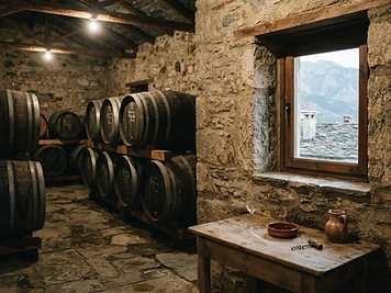 Oak barrels in the cellar of a stone winery in Metsovo