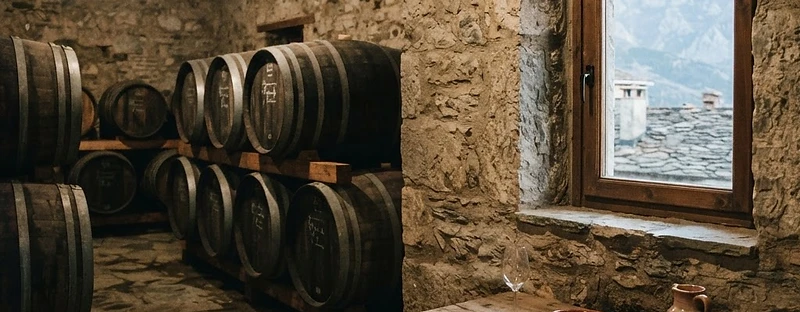 Oak barrels in the cellar of a stone winery in Metsovo