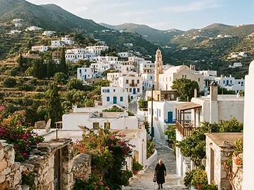 Marble-paved lanes and whitewashed houses in the hill village of Lefkes, Paros.