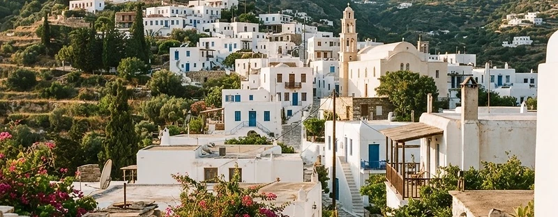 Marble-paved lanes and whitewashed houses in the hill village of Lefkes, Paros.