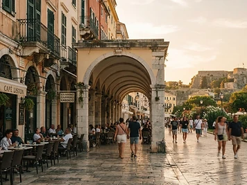 The Liston colonnade and pastel Venetian buildings in the old town of Corfu.