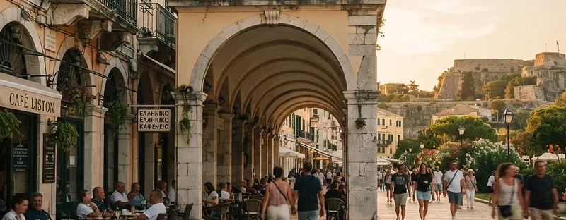 The Liston colonnade and pastel Venetian buildings in the old town of Corfu.