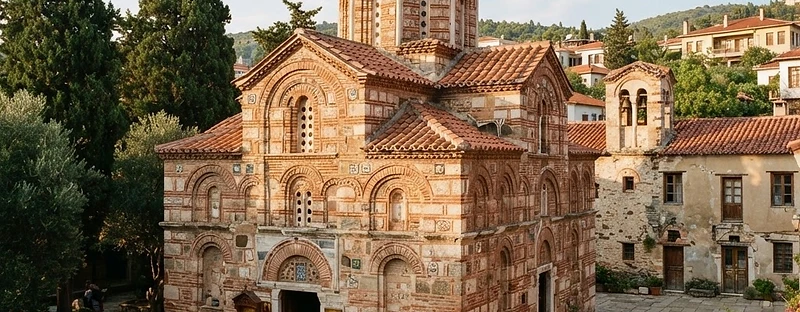 The eleventh-century domed church of Nea Moni on Chios, in brick and stone, with cypresses in the courtyard.