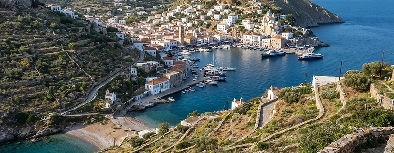 The twin hills and harbour of Ermoupoli on Syros seen from the surrounding hillside.