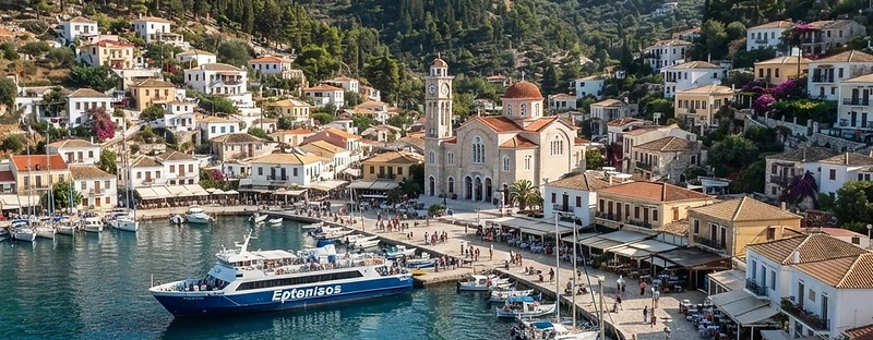 The harbour and hillside of ochre houses at Vathy, the capital of Samos.