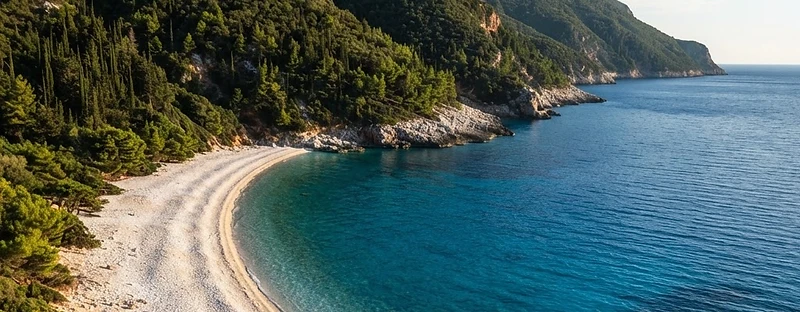 The white pebble beach at Antisamos on Kefalonia with pine-covered slopes behind it.