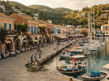 The arcaded waterfront square and harbour of Zakynthos Town in the late afternoon.