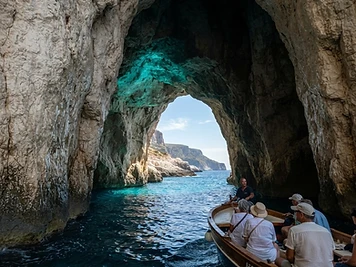 The pale walls and deep blue water inside a limestone sea cave on the west coast of Paxos, seen from a small boat.