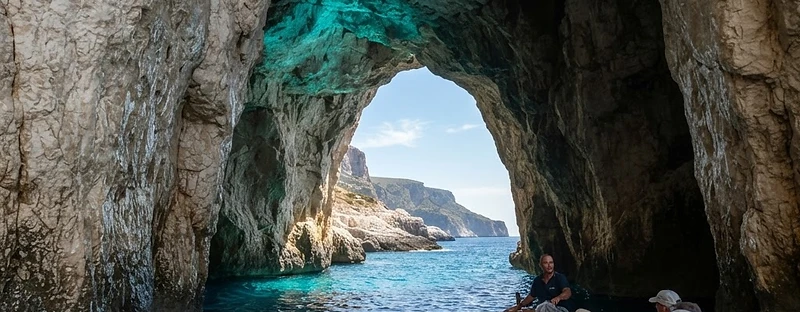 The pale walls and deep blue water inside a limestone sea cave on the west coast of Paxos, seen from a small boat.