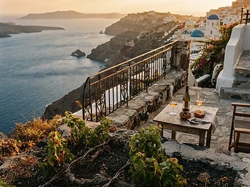 A winery terrace above the flooded caldera on Santorini