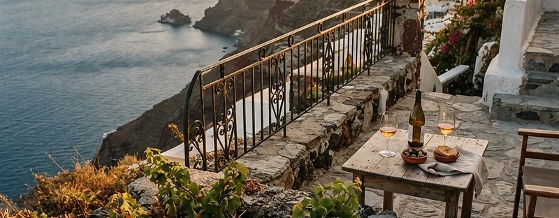 A winery terrace above the flooded caldera on Santorini