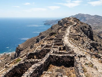 Ruined terraces and walls of Ancient Thera along the ridge of Mesa Vouno, Santorini.