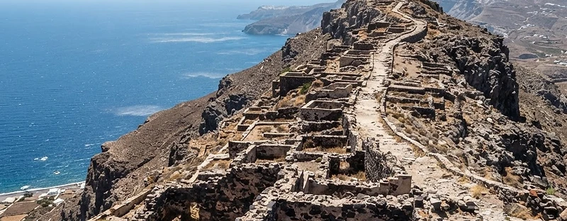 Ruined terraces and walls of Ancient Thera along the ridge of Mesa Vouno, Santorini.