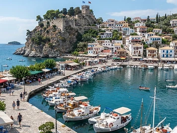 The curving harbour of Myrina on Limnos, with the Venetian castle on the headland beside it.