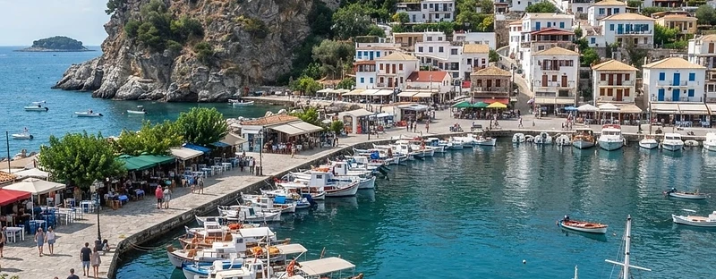 The curving harbour of Myrina on Limnos, with the Venetian castle on the headland beside it.