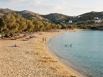 The wide sandy bay and shallow water at Galissas on the west coast of Syros.