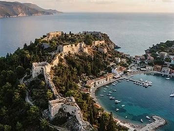 The ruined Venetian walls of Assos castle among the pines above the village and its bay.