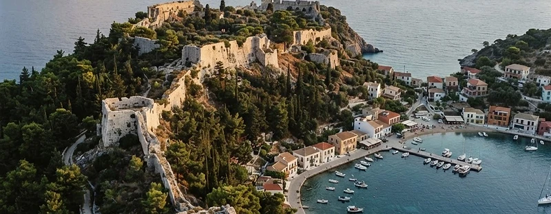 The ruined Venetian walls of Assos castle among the pines above the village and its bay.