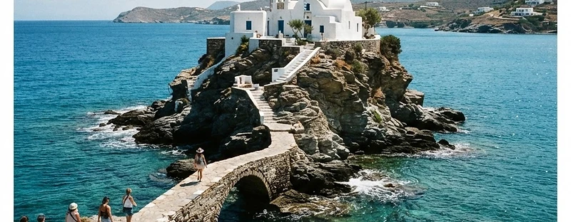 The whitewashed Chrysopigi monastery on its rocky promontory on Sifnos.