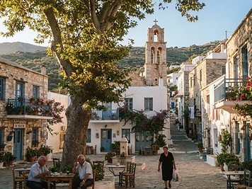 The quiet inland village of Chalki on Naxos with its plane-tree square and church tower.