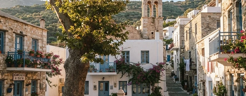 The quiet inland village of Chalki on Naxos with its plane-tree square and church tower.