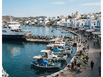 Fishing boats and a ferry at the quay in the port of Adamas on Milos.
