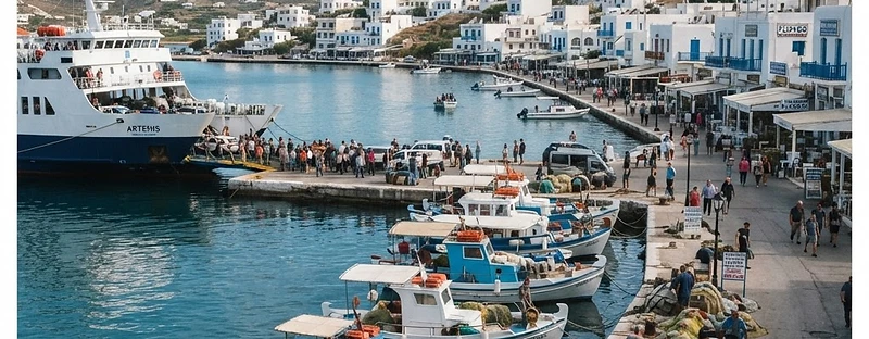 Fishing boats and a ferry at the quay in the port of Adamas on Milos.