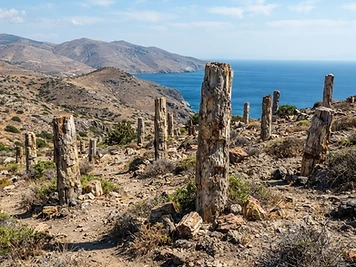 Fossilised tree trunks standing in dry volcanic ground in the petrified forest of western Lesvos.