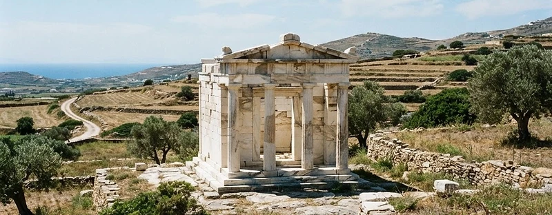 The partly reconstructed marble temple of Demeter among fields at Sangri, Naxos.