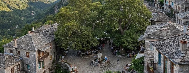 Stone houses with slate roofs under enormous plane trees in the square at Tsagarada on the Pelion peninsula.