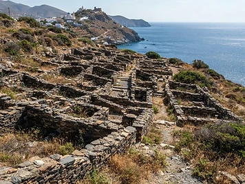 The low stone walls of the prehistoric settlement at Poliochni on Lemnos, on a dry hillside above the sea.