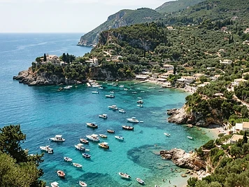 A horseshoe of turquoise water below wooded cliffs at Paleokastritsa, Corfu.