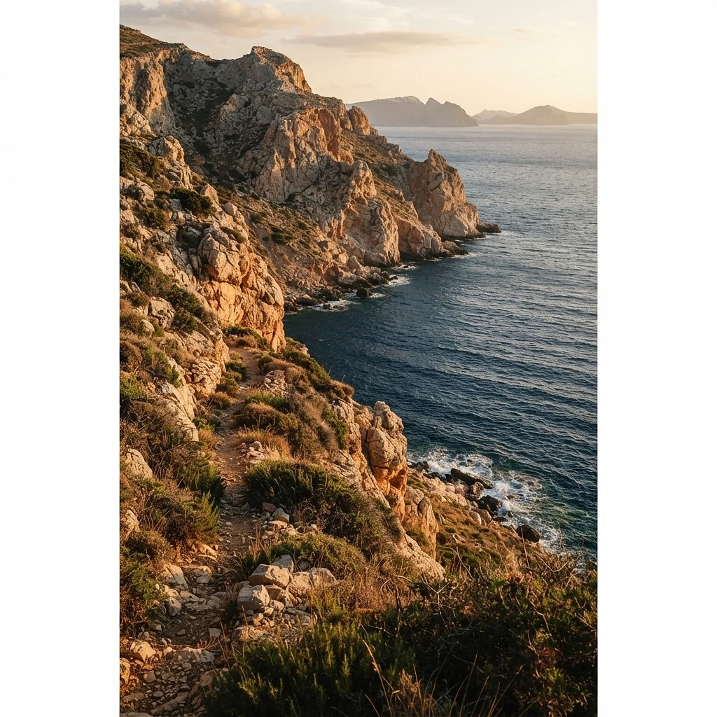 Greek island coastline at golden hour