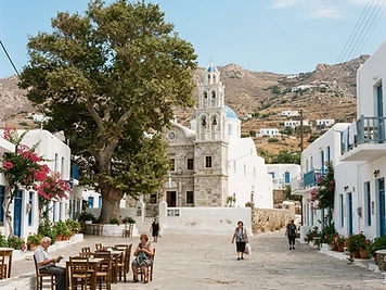 The village square and monastery church of Ano Mera on Mykonos.