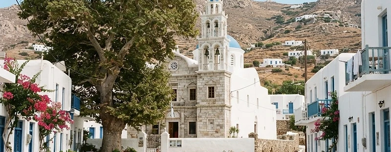The village square and monastery church of Ano Mera on Mykonos.