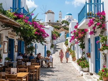 A narrow whitewashed lane in the village of Antiparos, with taverna tables outside and a windmill above.