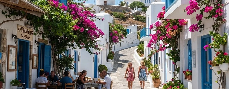 A narrow whitewashed lane in the village of Antiparos, with taverna tables outside and a windmill above.