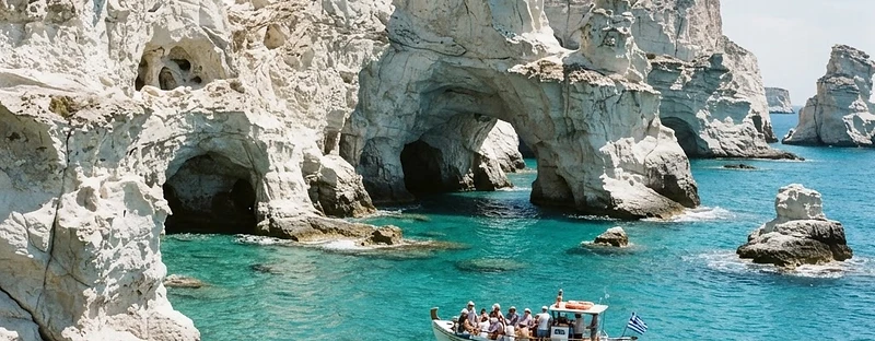 White volcanic cliffs, arches and sea caves rising from turquoise water at Kleftiko, Milos.
