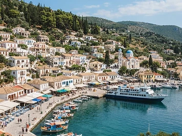 The shallow bay and hillside houses of Agios Kirykos on Ikaria, with boats at the quay.