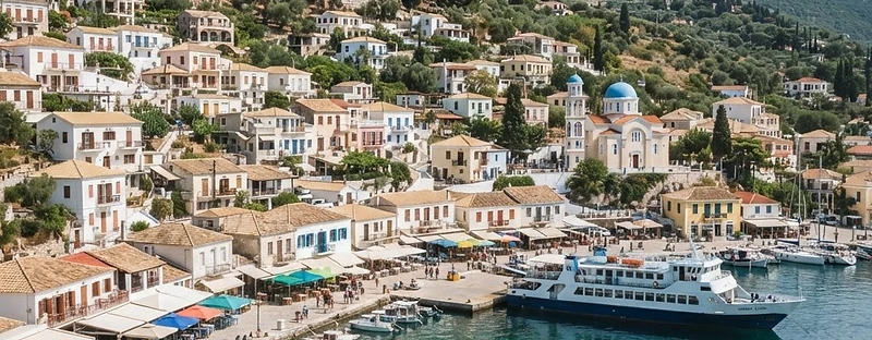 The shallow bay and hillside houses of Agios Kirykos on Ikaria, with boats at the quay.