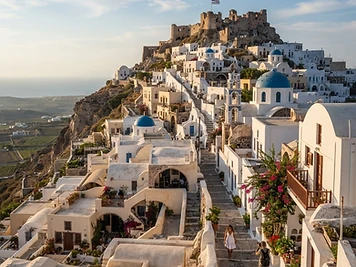 The whitewashed village of Pyrgos climbing a hill to a ruined Venetian castle on Santorini.