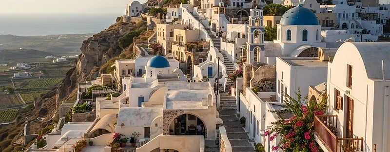 The whitewashed village of Pyrgos climbing a hill to a ruined Venetian castle on Santorini.