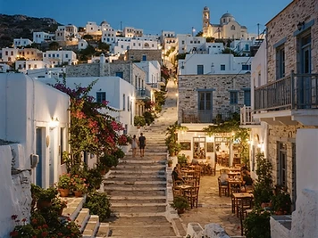 Whitewashed lanes and a small square in the hill town of Apollonia on Sifnos.