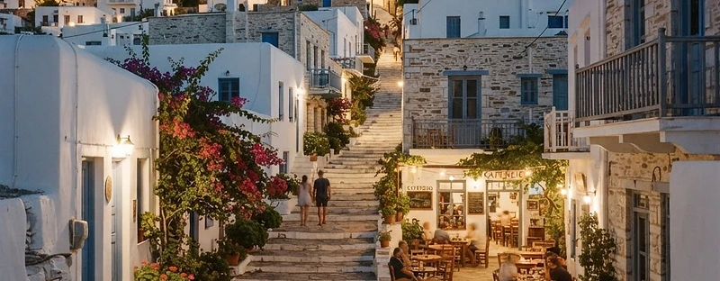 Whitewashed lanes and a small square in the hill town of Apollonia on Sifnos.