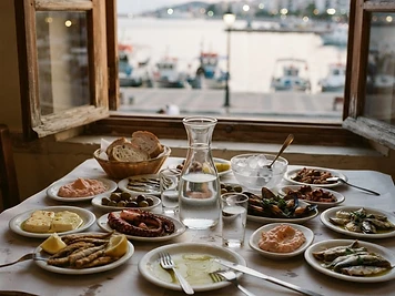Meze plates and a carafe of tsipouro on a tsipouradiko table in Volos