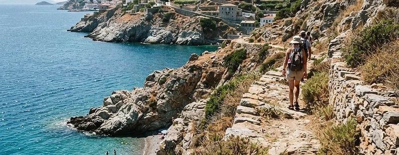 The coastal path east of Hydra harbour above clear water